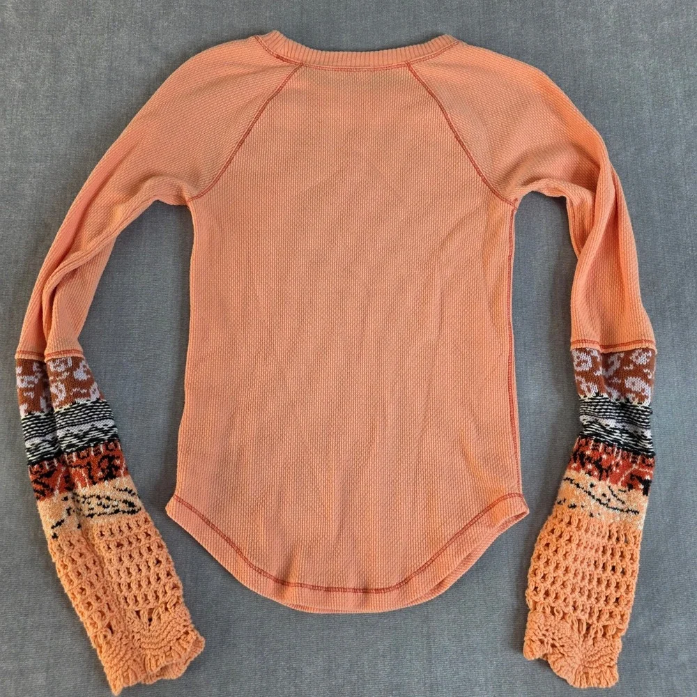 Free People Kombucha Cuff Thermal Top S Peach Waffle Knit Crochet Sleeve ASO TVD